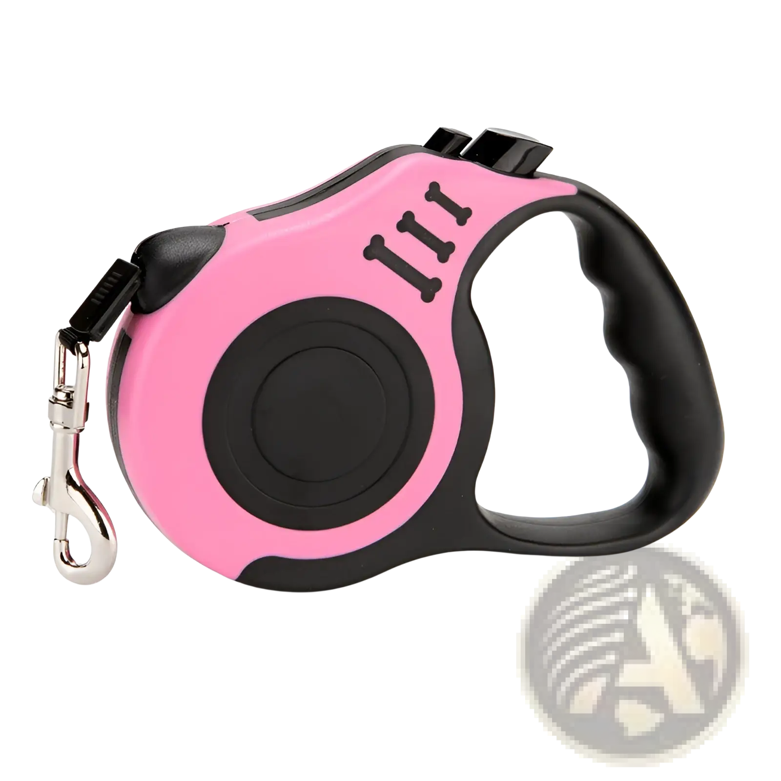 Retractable dog leash in pink and black with bone shaped decals and one touch locking system on the handle