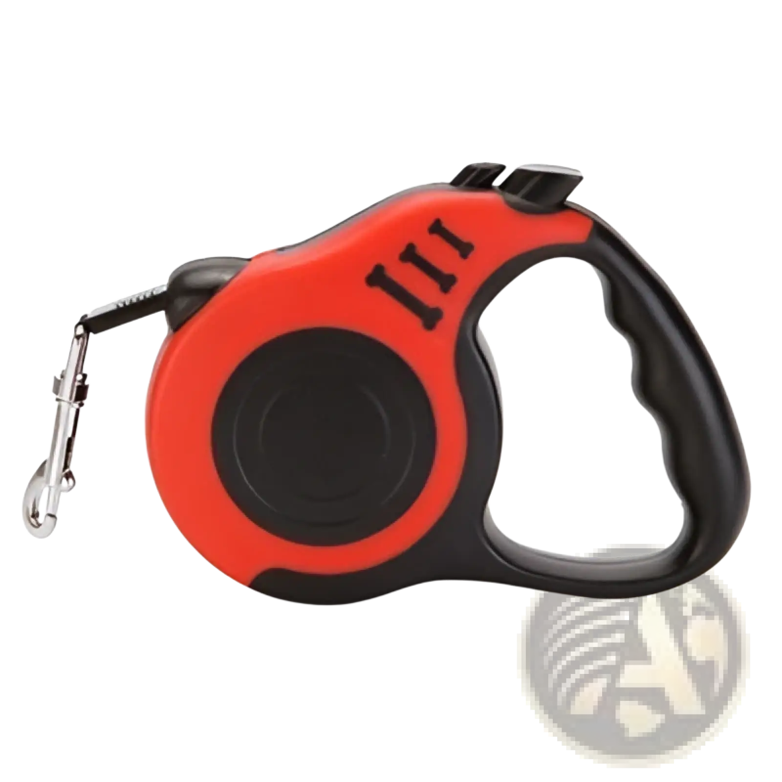 Retractable dog leash with one touch locking system in red with black accents and sturdy metal clasp for secure control
