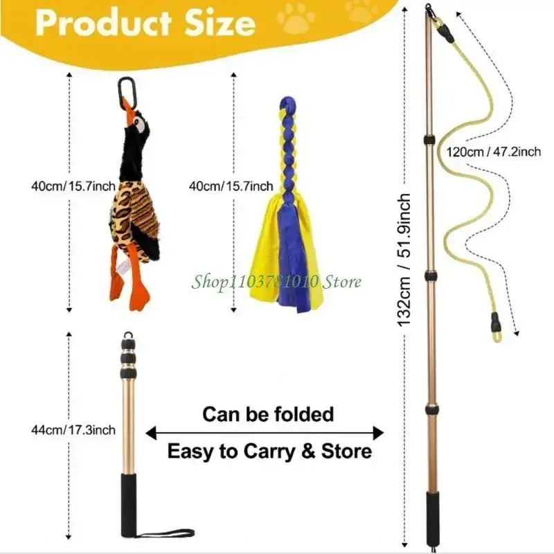 Retractable dog teaser with multiple accessories featuring a collapsible pole and plush duck and feather toys