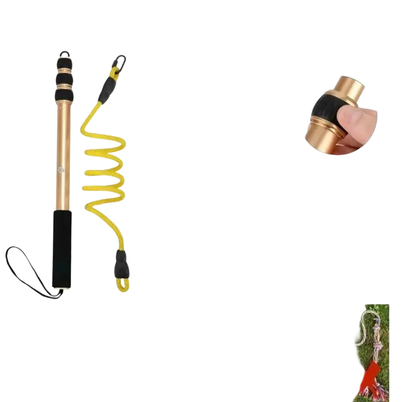 Retractable dog teaser with multiple accessories featuring gold aluminum alloy stick, black grip, yellow nylon rope, and brass fittings