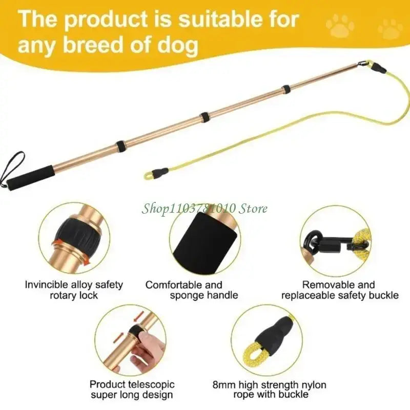 Gold-colored telescopic dog leash with black grip handle and yellow nylon rope featuring multiple accessories