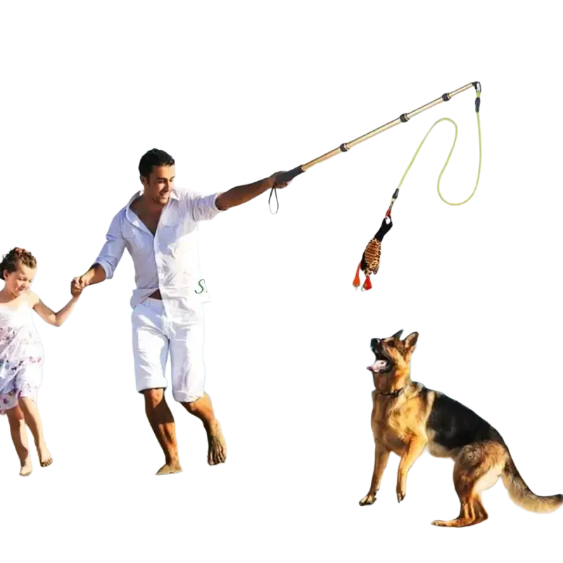 Yellow and black retractable dog teaser with woven rope handle featuring multiple accessories for interactive play