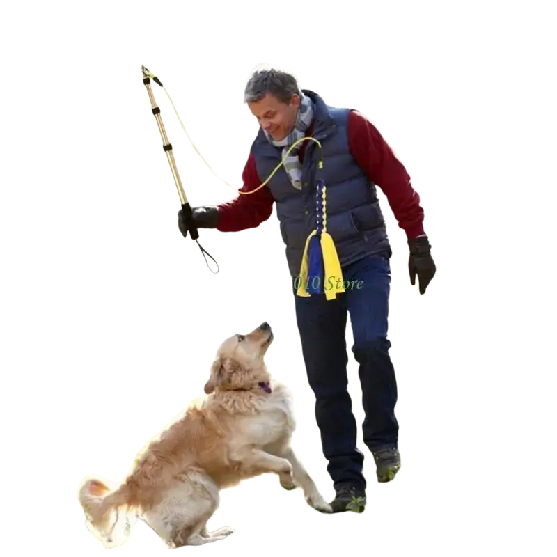 Yellow and blue retractable dog teaser with telescopic handle featuring multiple accessories for interactive play