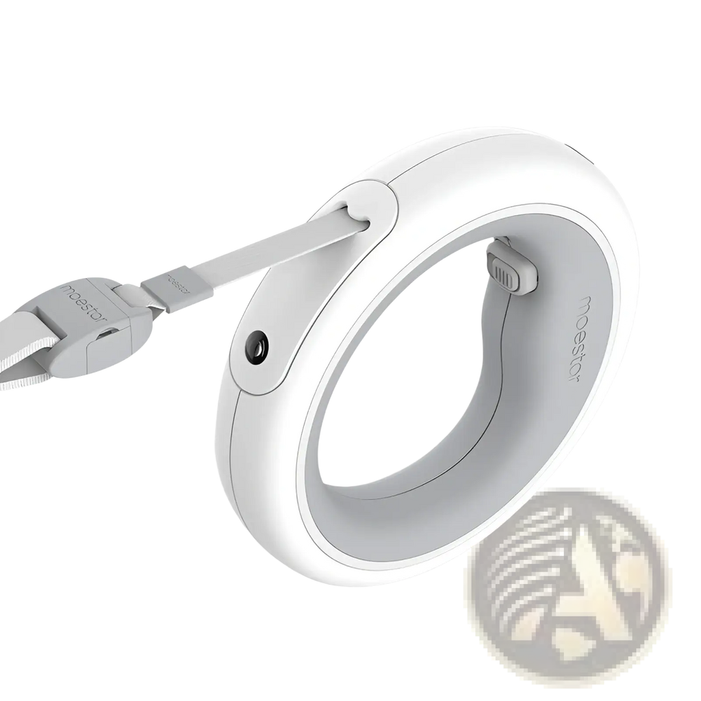 Retractable hands free dog leash with led light featuring white circular moestor leash and gray adjustable strap