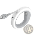 Retractable hands free dog leash with led light featuring white circular moestor leash and gray adjustable strap