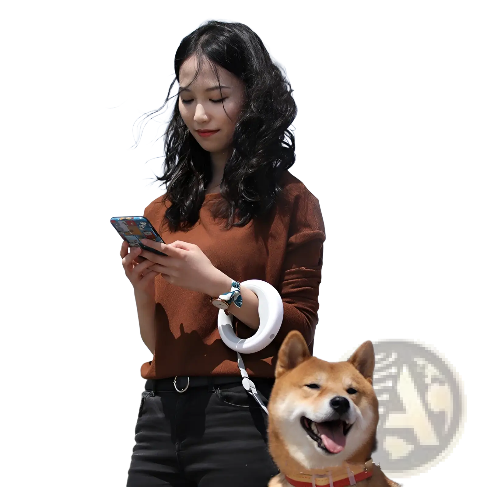 White circular retractable hands free dog leash holder with led light attached to woman’s wrist for walking pets