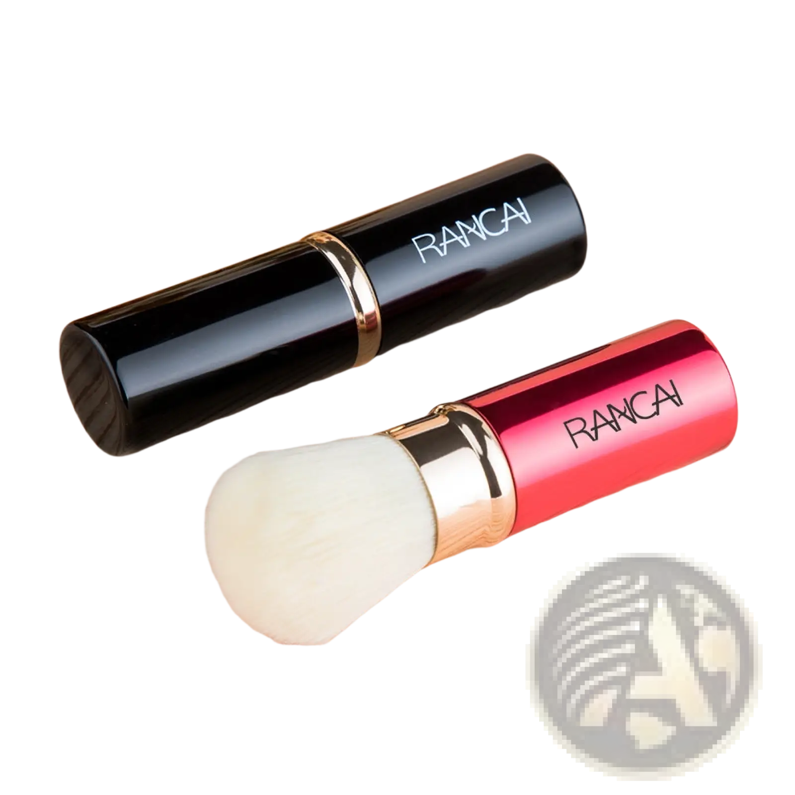 A retractable makeup brush mini rancai with a glossy red and gold handle and soft white bristles
