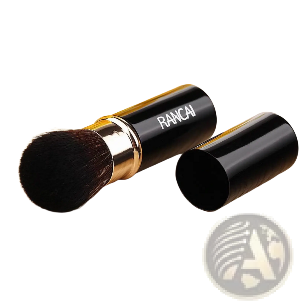 Retractable mini rancai makeup brush in black with gold accents and matching cylindrical case for travel use