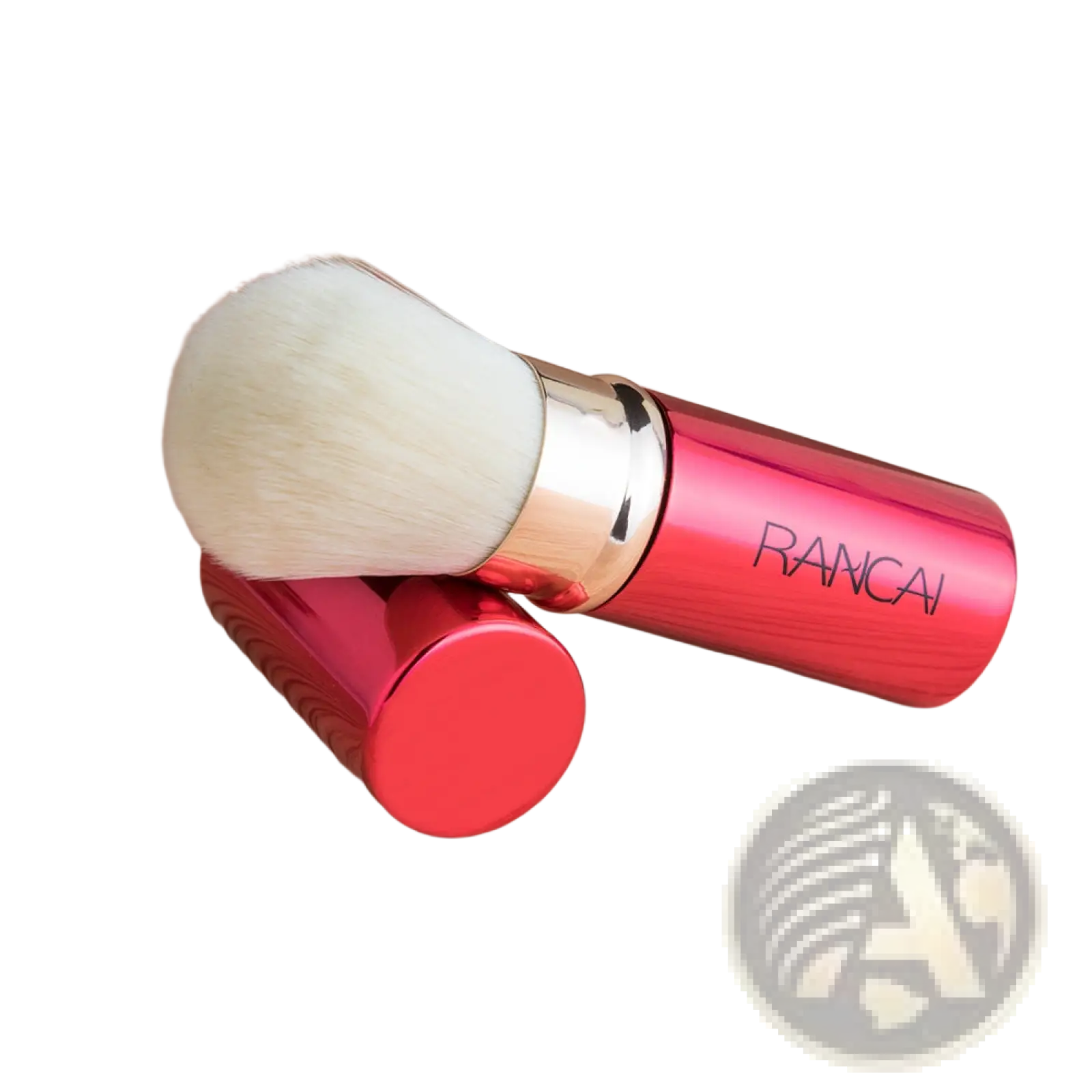 Retractable makeup brush mini rancai with red handle, white fluffy head, and gold metal ferrule for precise application