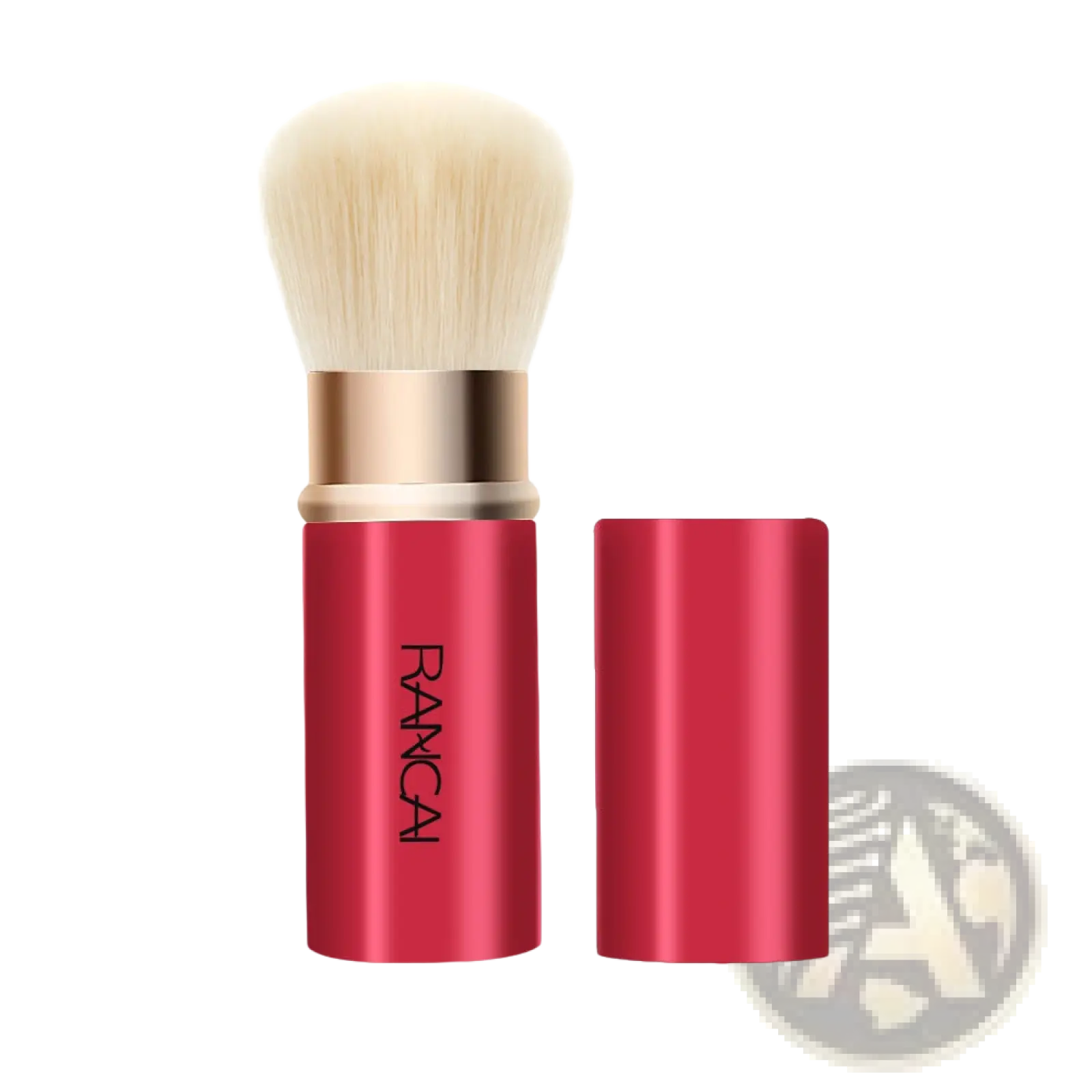 Retractable makeup brush mini red and gold rancai with red metallic handle and fluffy off-white bristle head
