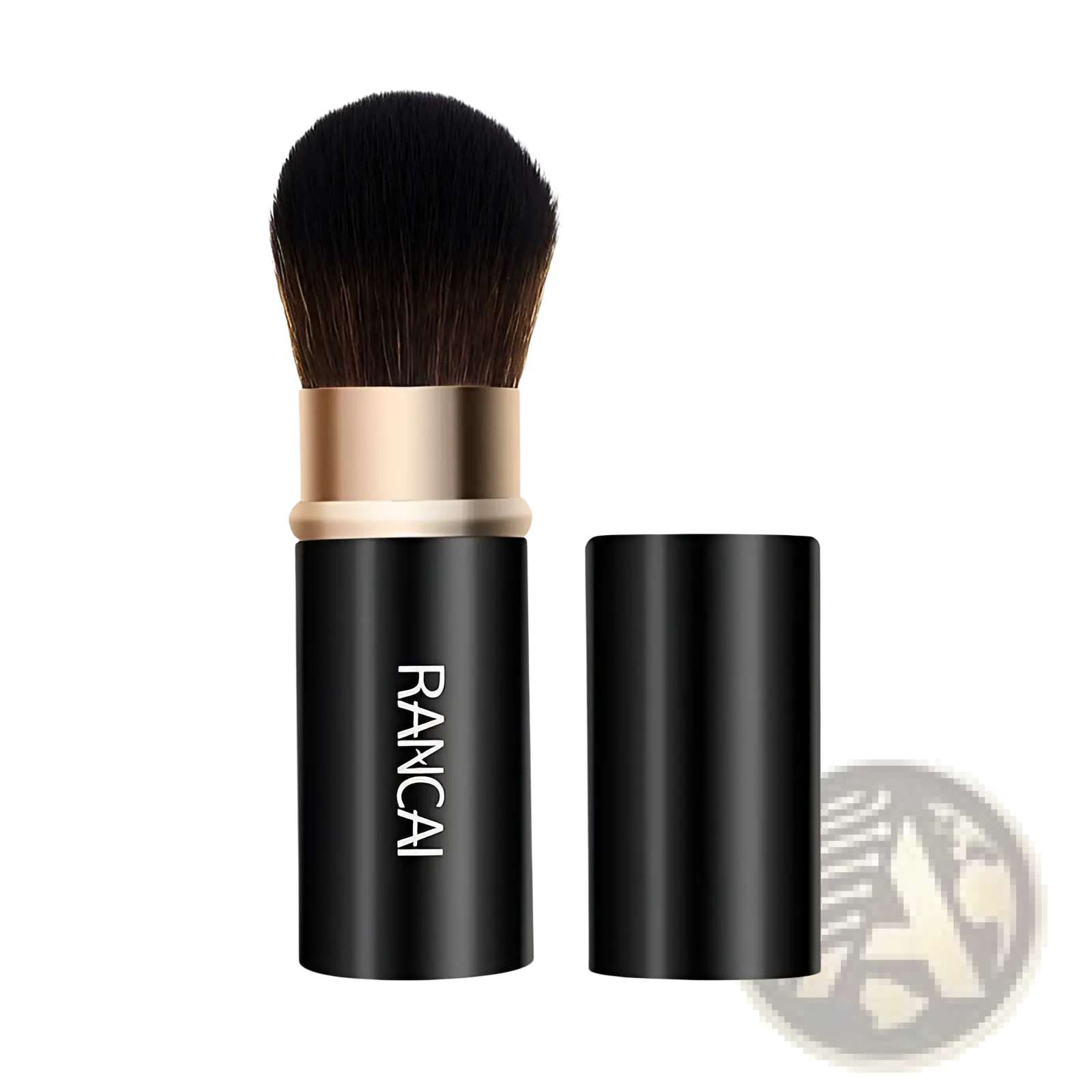 Retractable makeup brush mini rancai with black handle gold-toned band and dense dark bristles for precise application
