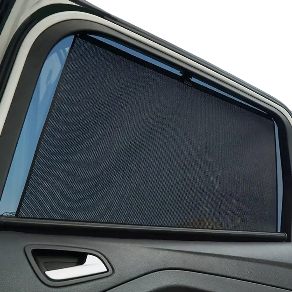 Black mesh retractable car window sunshade with a sleek frameless design for UV protection