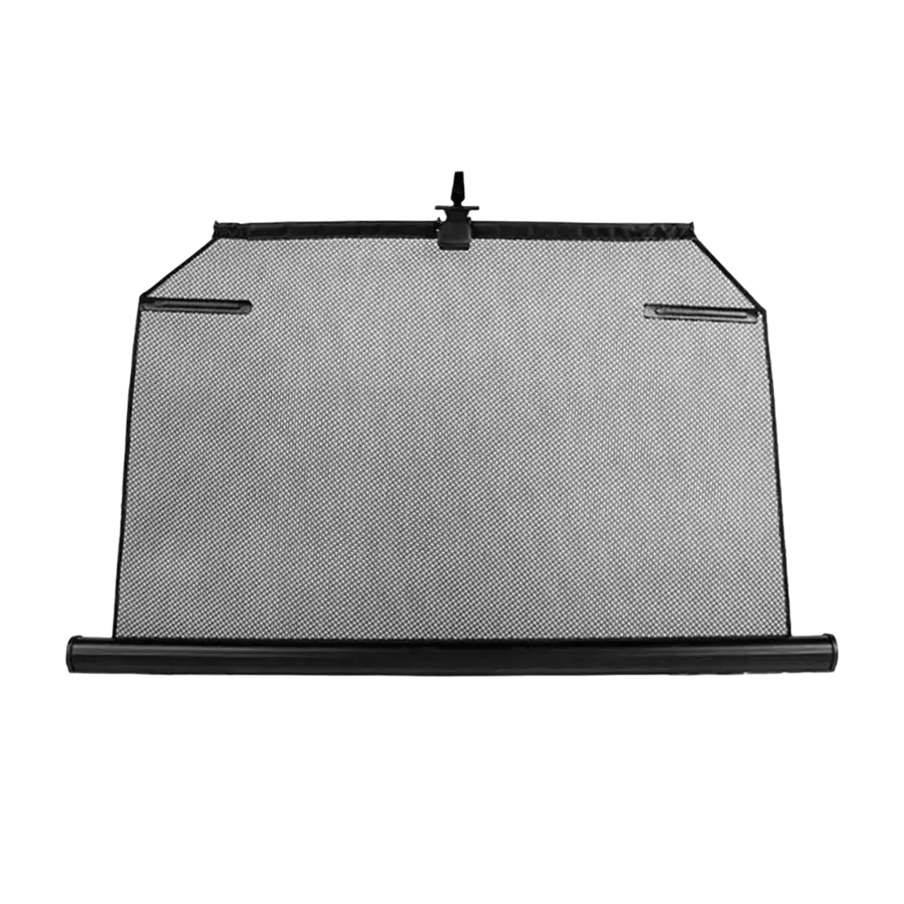 Retractable black mesh car rear window sunshade with roll-up mechanism and reinforced frame for uv protection