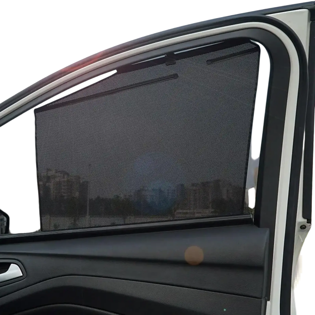 Black mesh retractable car window sunshade with sleek flexible design for effective uv protection