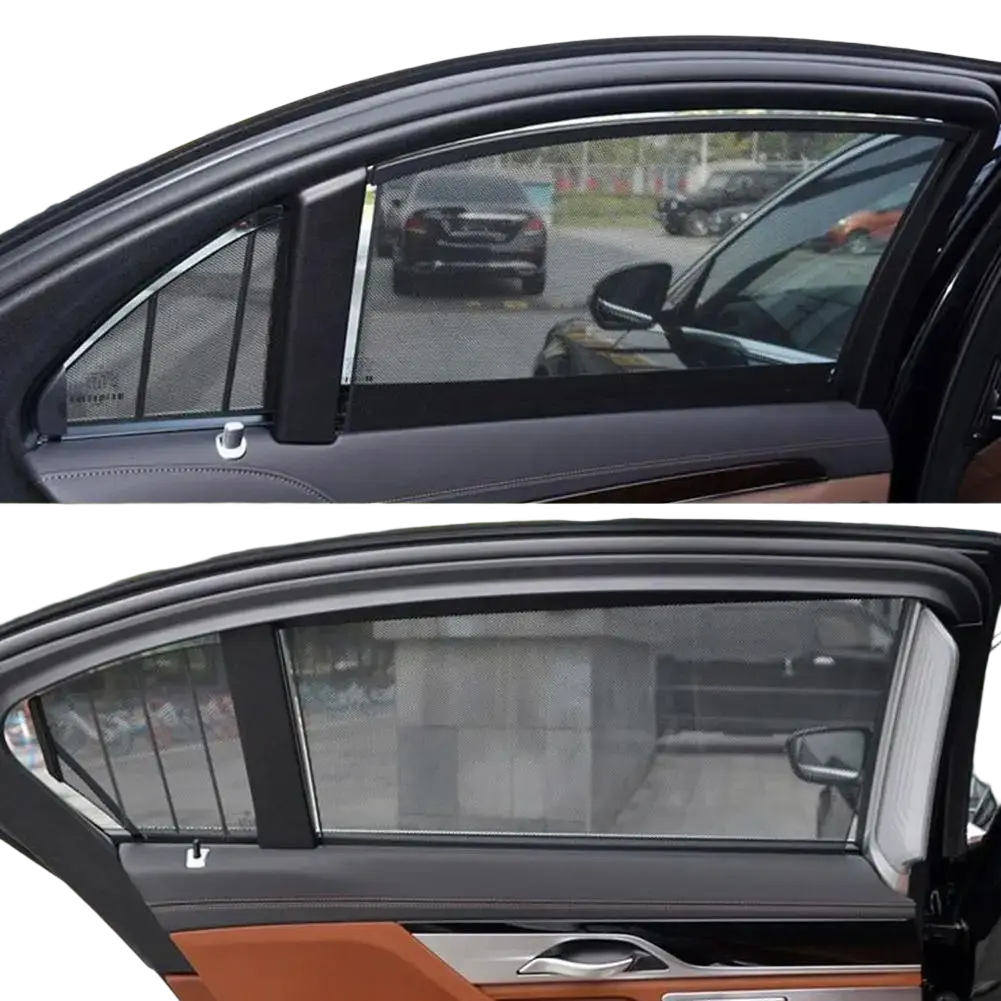 Retractable mesh car window sunshade with black frameless mesh screen designed for uv protection on side windows