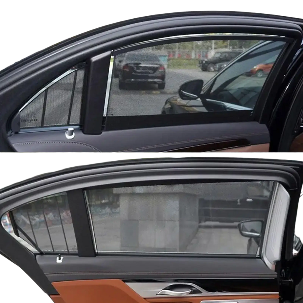 Retractable mesh car window sunshade with black frameless mesh screen designed for uv protection on side windows