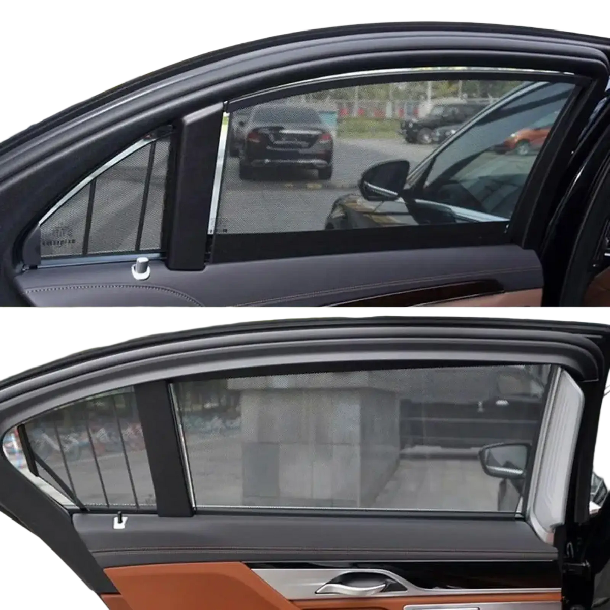 Retractable mesh car window sunshade with black frameless mesh screen designed for uv protection on side windows