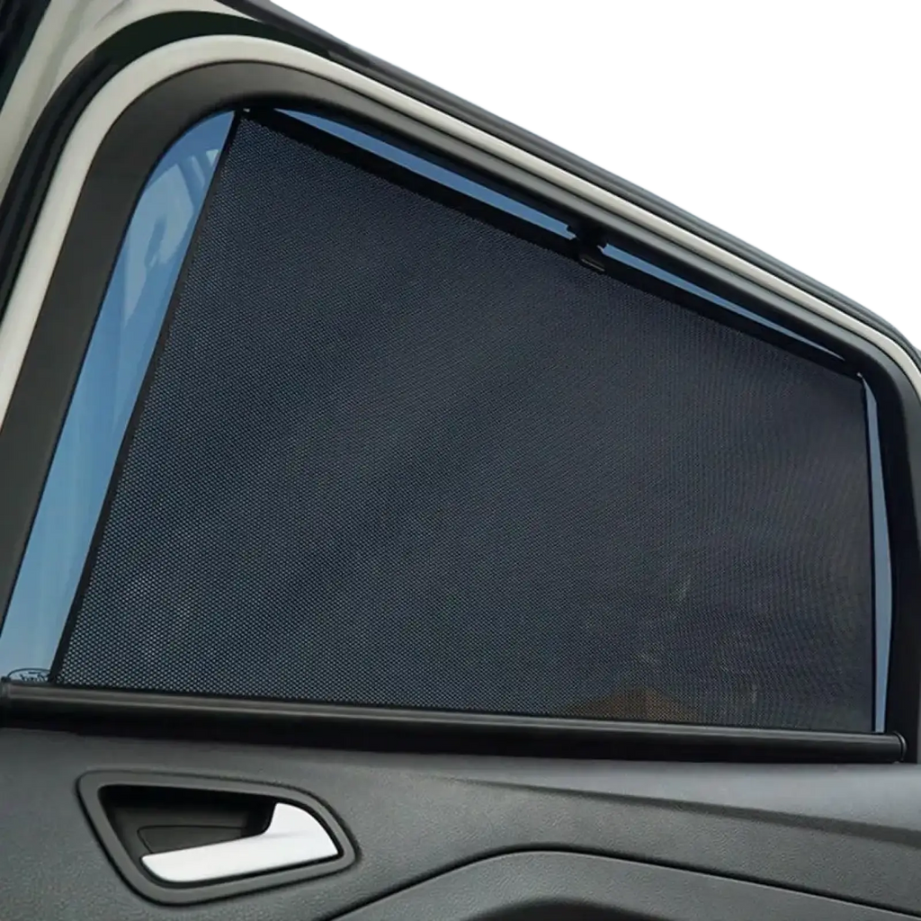 Black mesh retractable car window sunshade with a sleek frameless design for UV protection