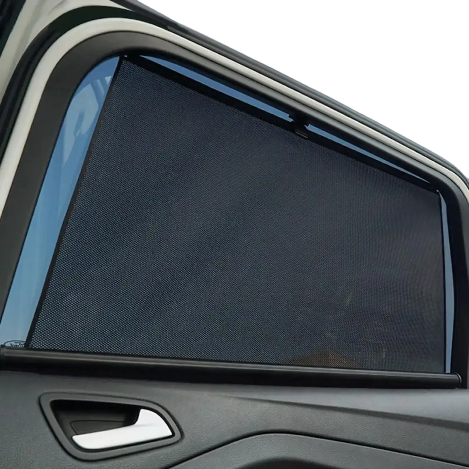 Black mesh retractable car window sunshade with a sleek frameless design for UV protection