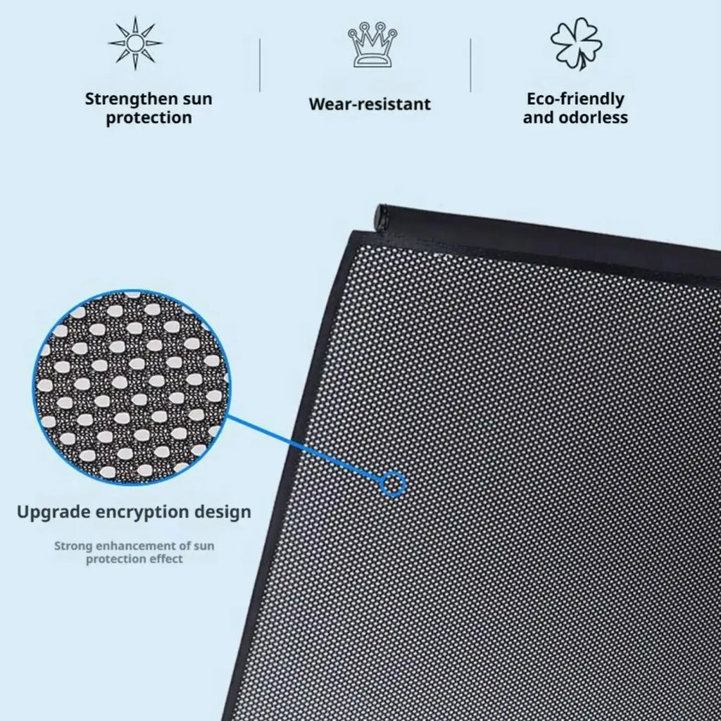 Black mesh retractable car window sunshade with white circular dot pattern for UV sun protection