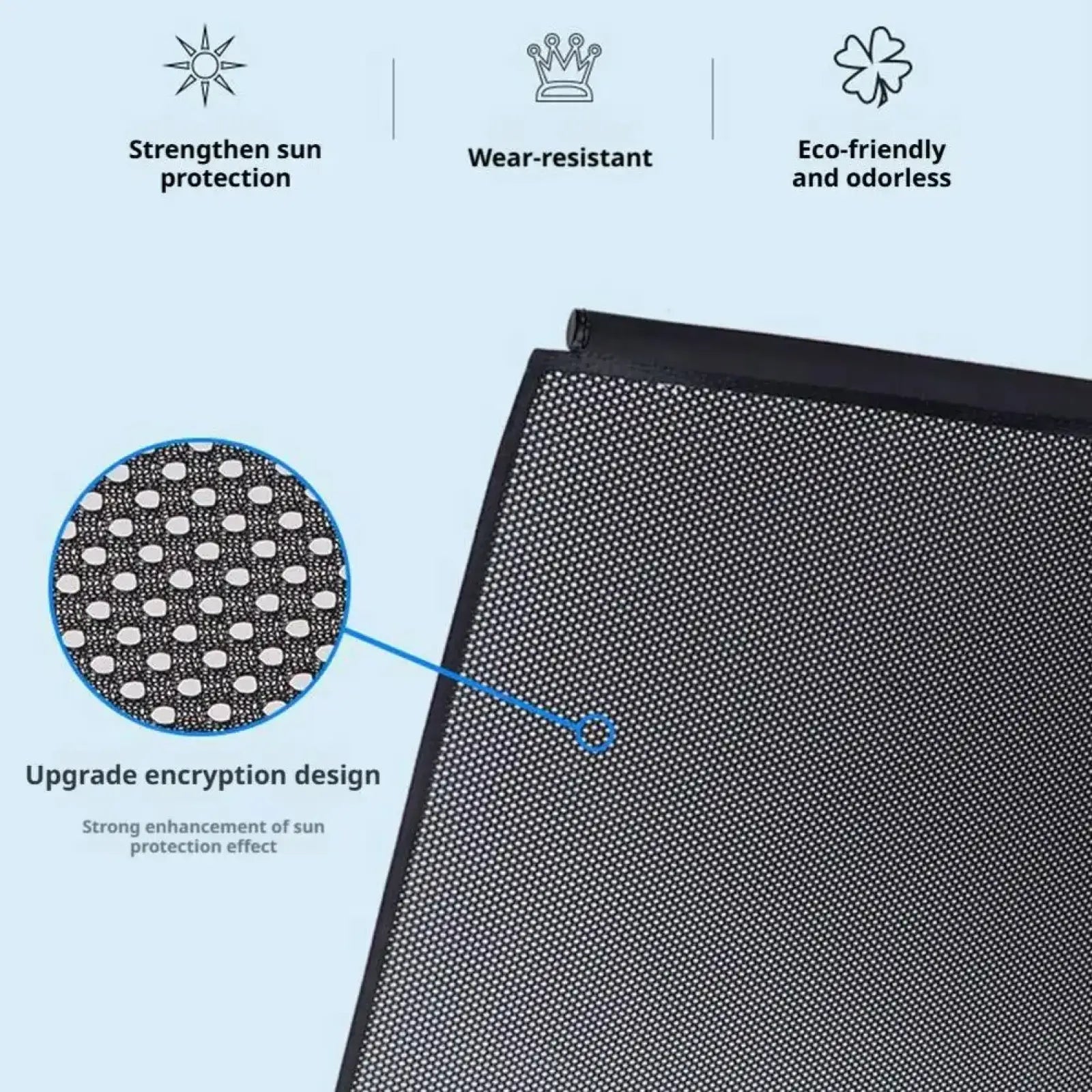 Black mesh retractable car window sunshade with white circular dot pattern for UV sun protection