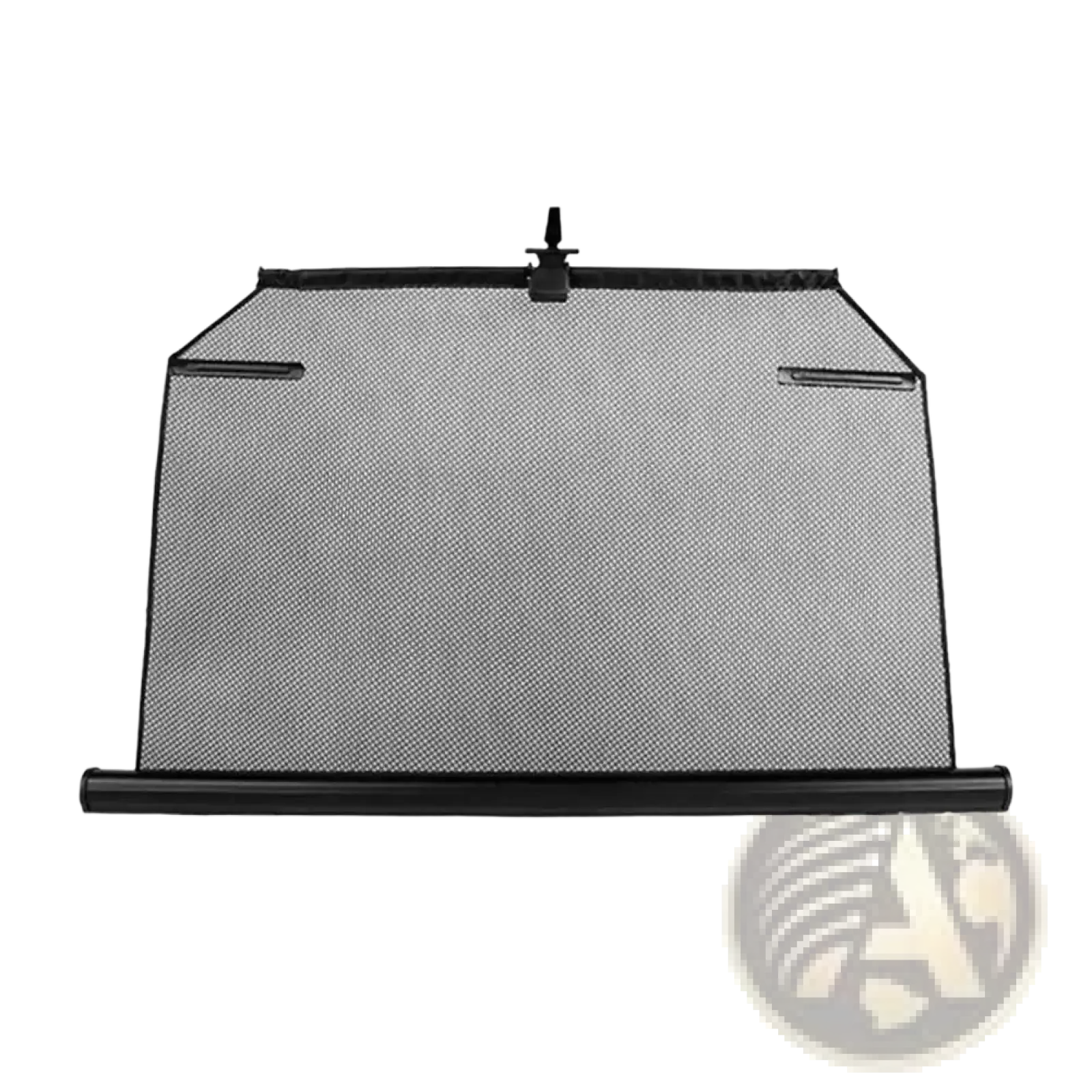 Retractable black mesh car rear window sunshade with roll-up mechanism and reinforced frame for uv protection