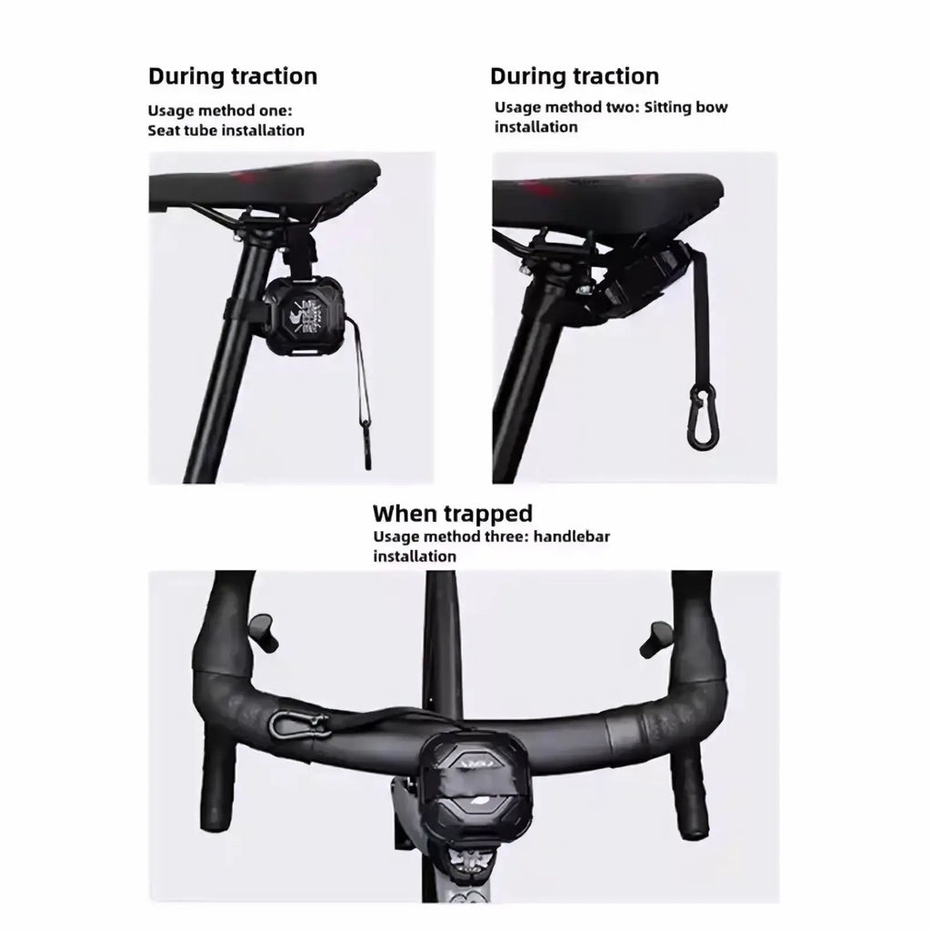 Black rugged retractable mountain bike tow rope with sleek angular design and integrated carabiner for secure attachment