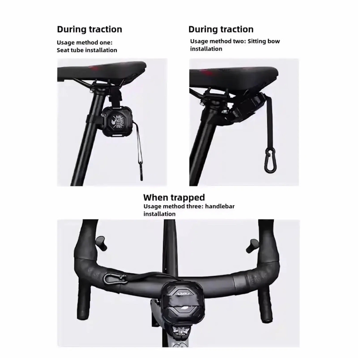 Black rugged retractable mountain bike tow rope with sleek angular design and integrated carabiner for secure attachment