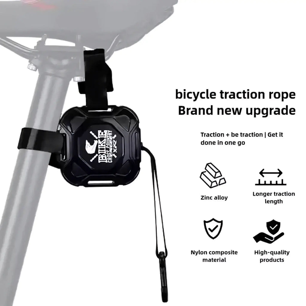 Black rugged retractable mountain bike tow rope with zinc alloy nylon composite design and branded protective casing