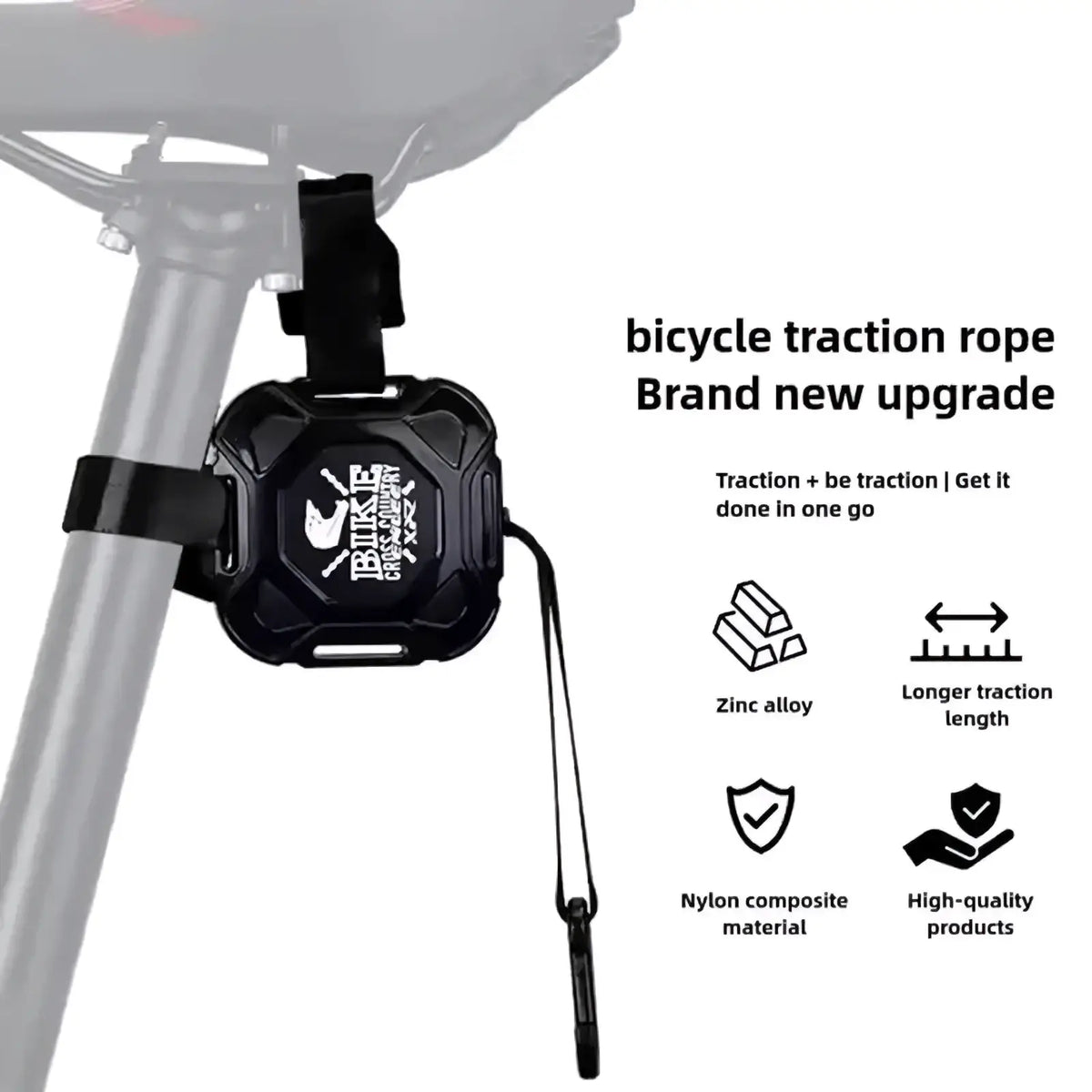 Black rugged retractable mountain bike tow rope with zinc alloy nylon composite design and branded protective casing