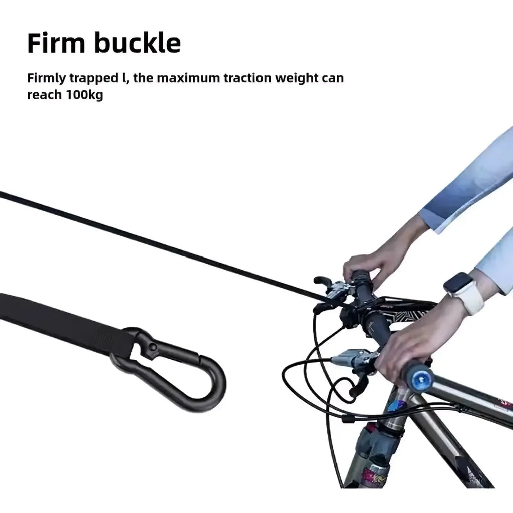 Black webbing retractable mountain bike tow rope with metal carabiner buckle designed for secure parent child pull strap