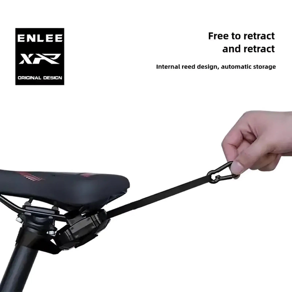 Black enlee xr bicycle seat clamp with internal reed design for secure storage on retractable mountain bike tow rope