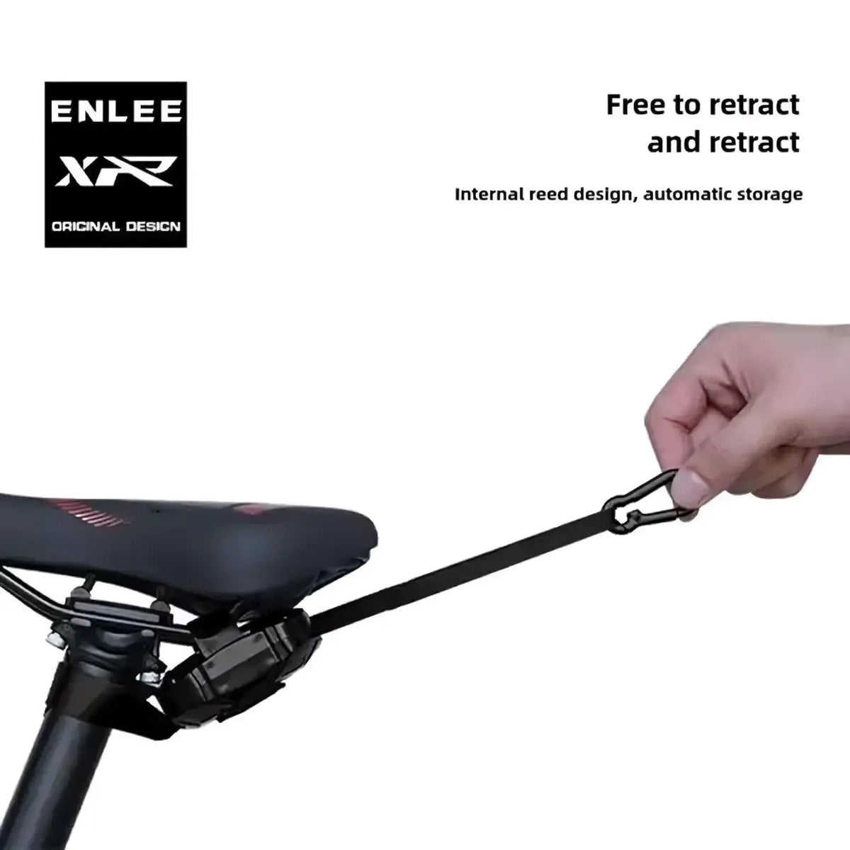 Black enlee xr bicycle seat clamp with internal reed design for secure storage on retractable mountain bike tow rope