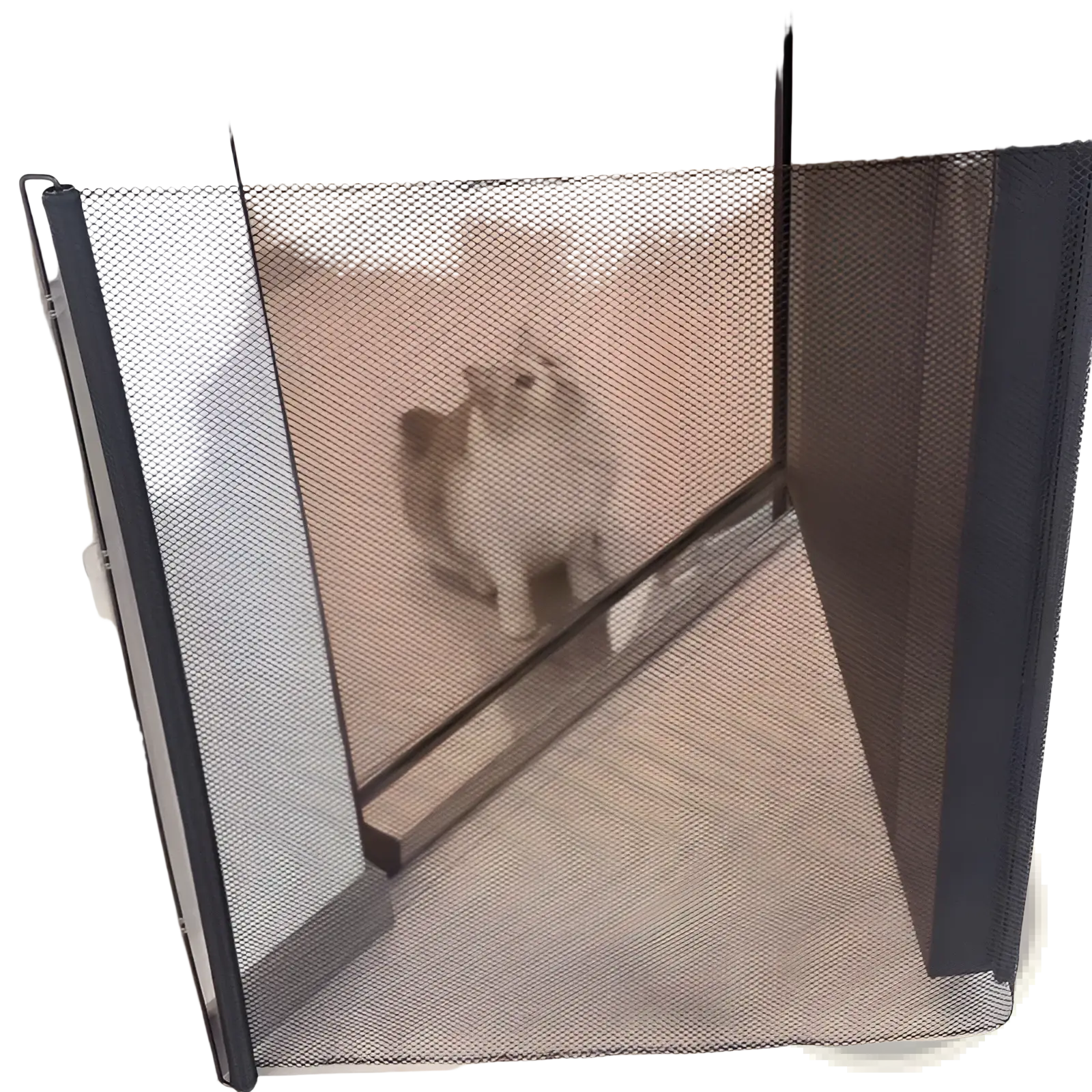 Retractable safety gate for pets and toddlers with black mesh and reinforced frame for secure door blocking