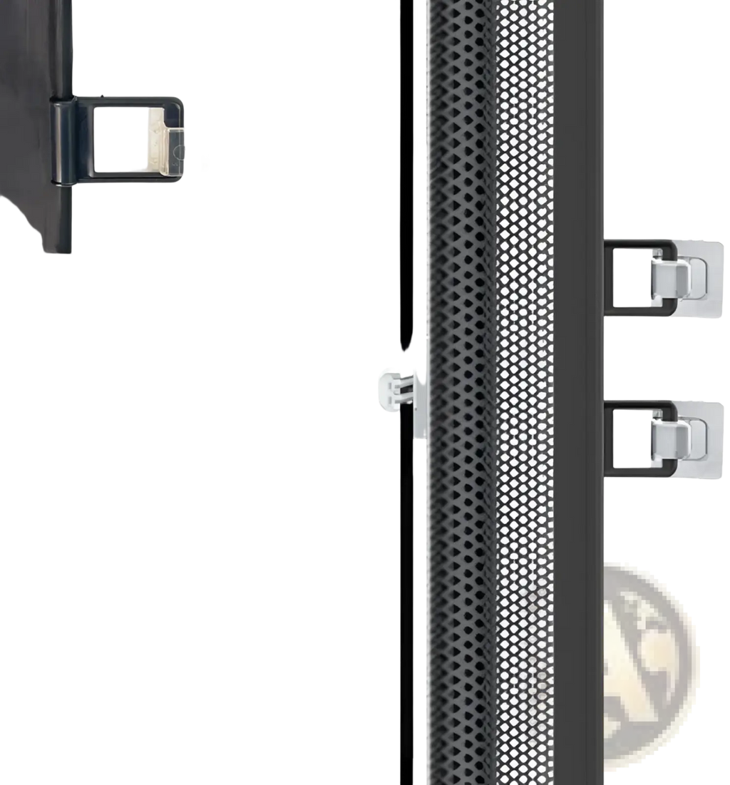 Retractable safety gate for pets and toddlers featuring a black mesh screen protector with silver mounting clips