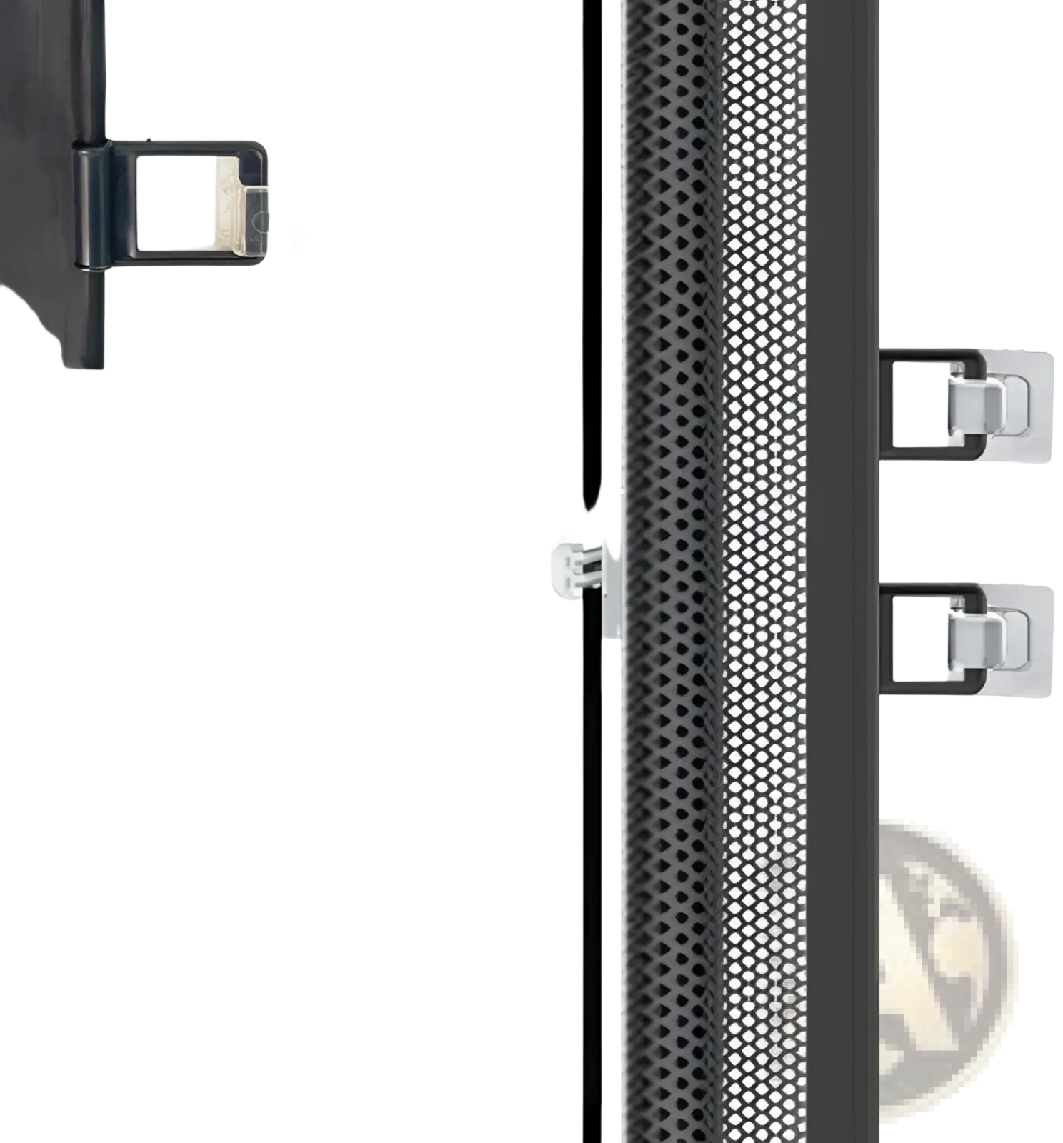 Retractable safety gate for pets and toddlers featuring a black mesh screen protector with silver mounting clips
