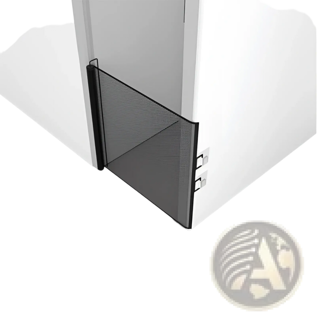 Retractable safety gate for pets and toddlers with black mesh, sleek modern design, and sturdy frame