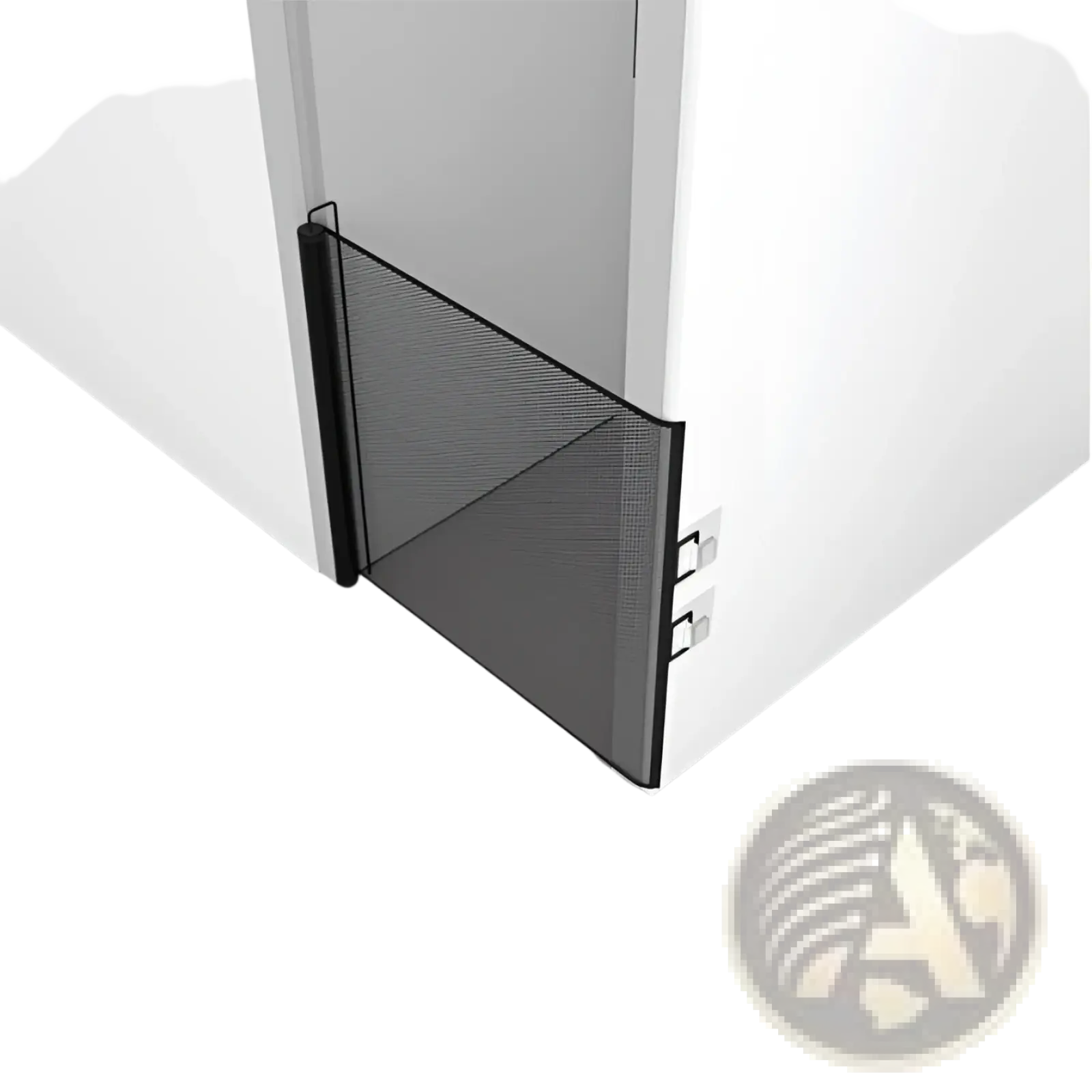 Retractable safety gate for pets and toddlers with black mesh, sleek modern design, and sturdy frame