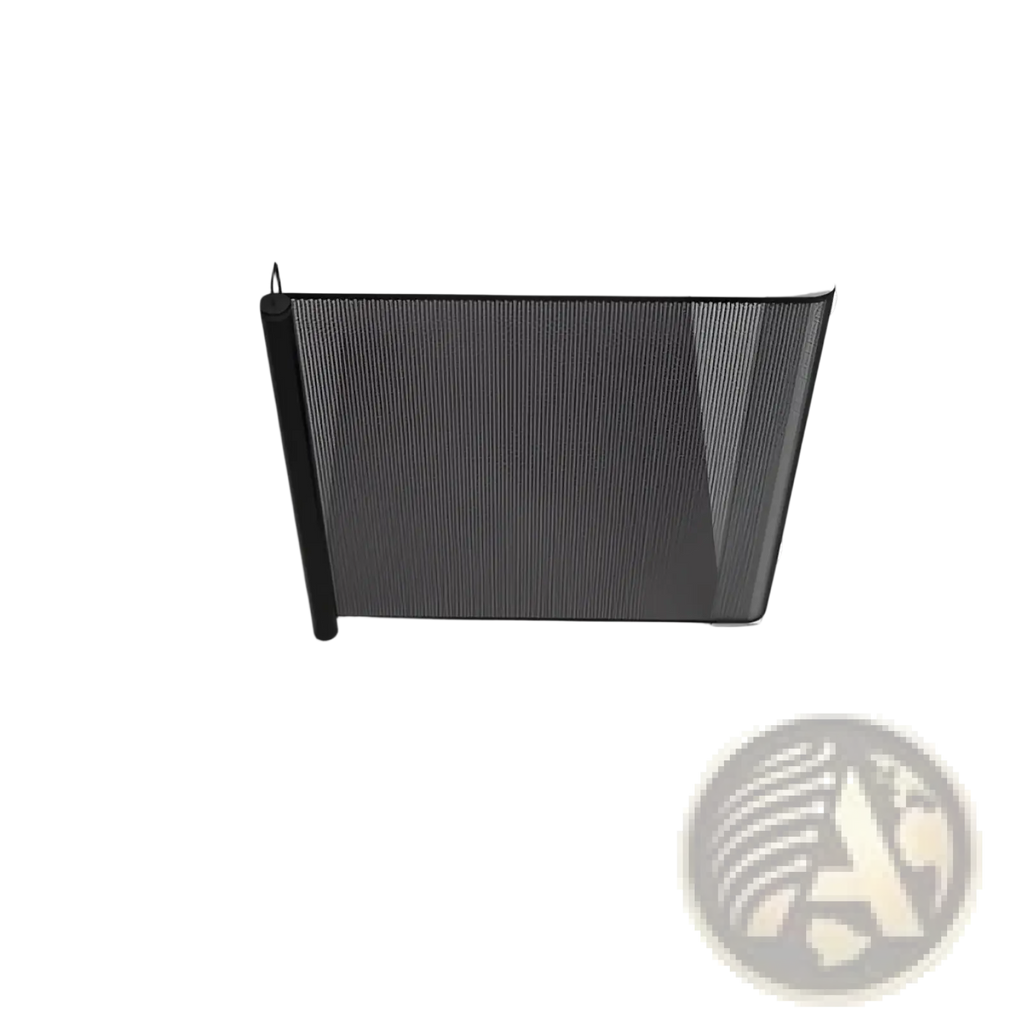 Retractable safety gate for pets and toddlers in black mesh with a sleek modern design for secure space separation