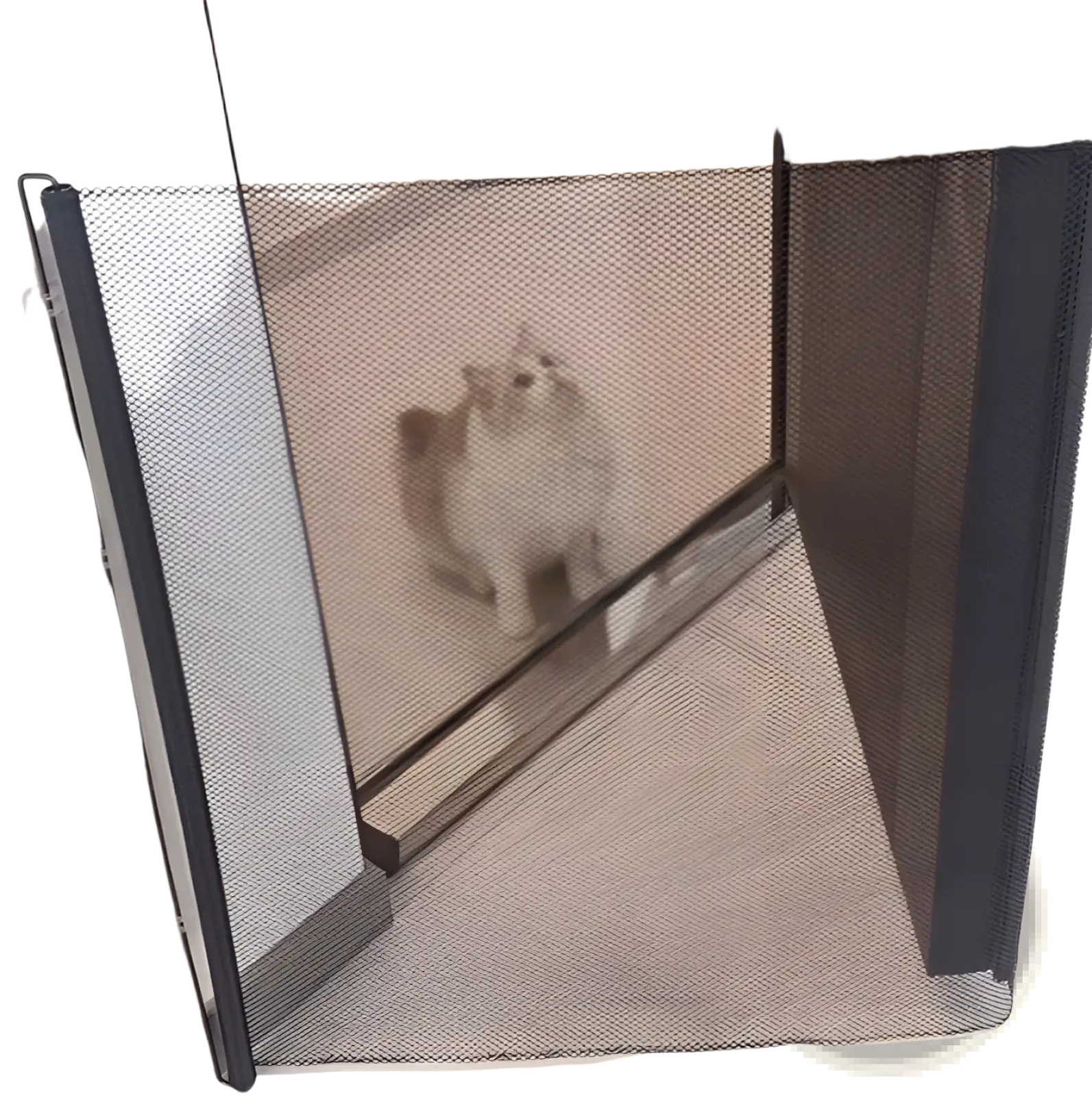 Retractable safety gate for pets and toddlers featuring black mesh and a sturdy metal frame