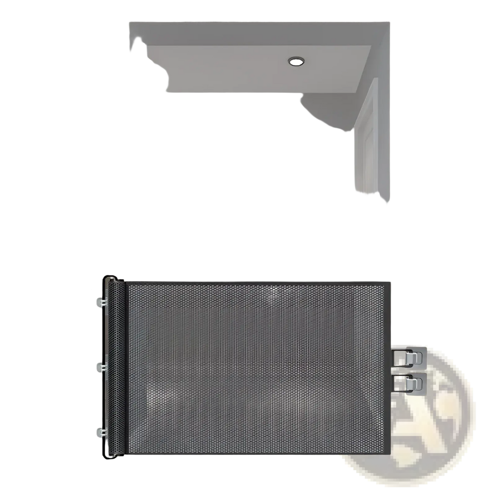 Retractable safety gate for pets and toddlers made of black metal mesh with perforated design and silver-toned hardware