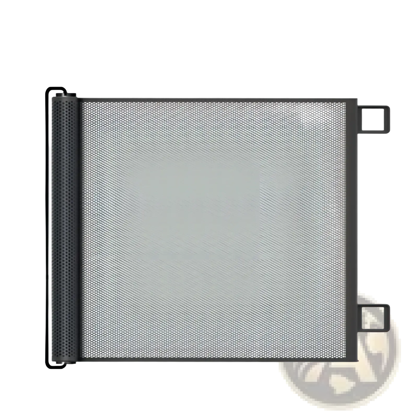 Retractable safety gate for pets and toddlers in black mesh with hexagonal pattern and rolled edges