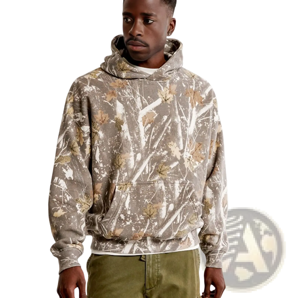 Retro 3d tie dye oversized unisex pullover hoodie in beige and white camouflage with leaf motifs made of soft cotton fabric