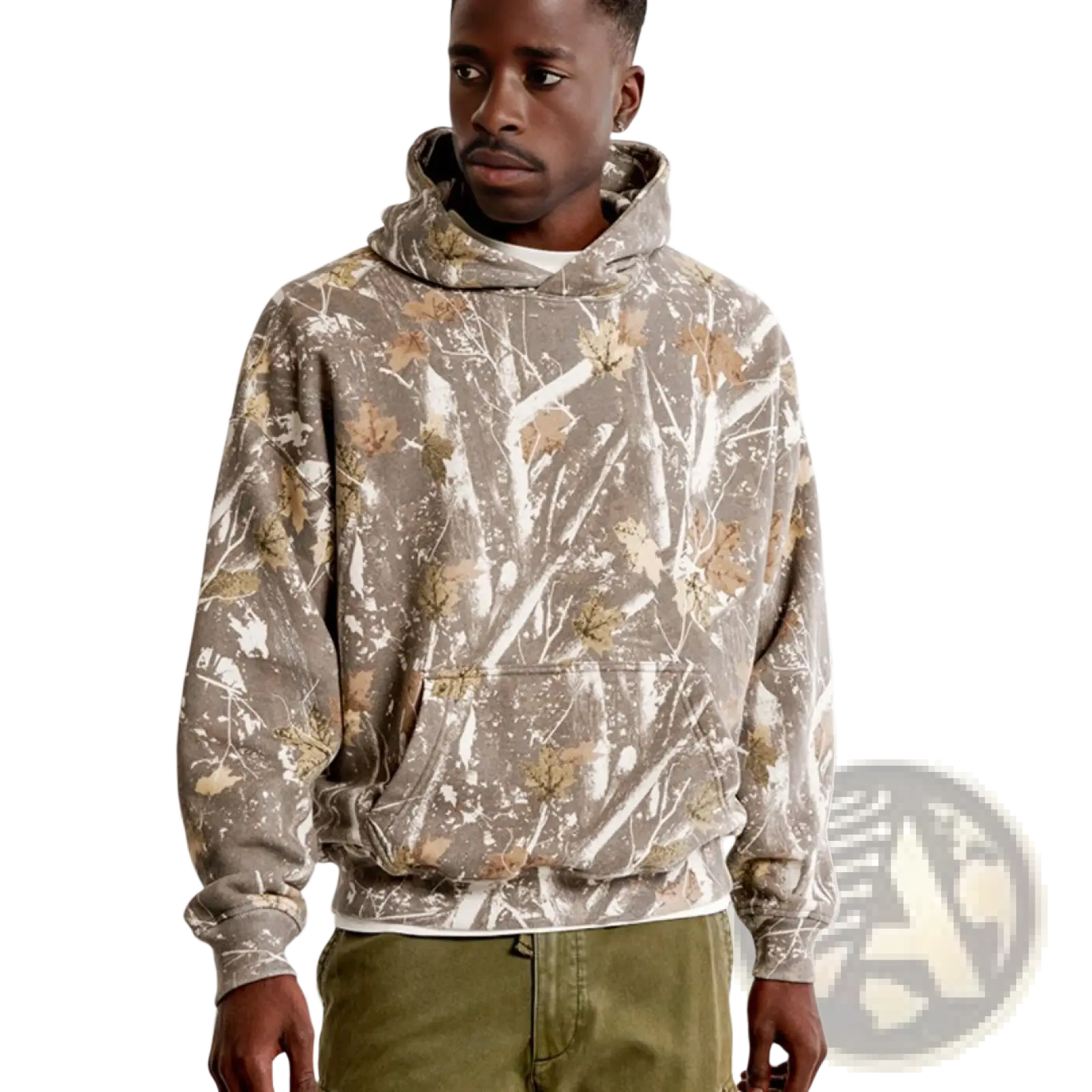 Retro 3d tie dye oversized unisex pullover hoodie in beige and white camouflage with leaf motifs made of soft cotton fabric
