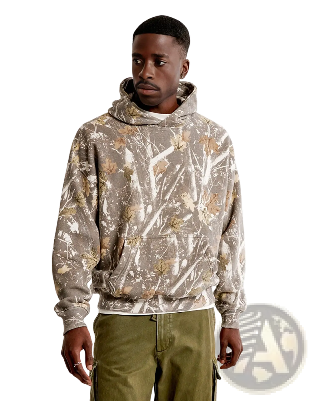 Retro 3d tie dye oversized unisex pullover hoodie in beige and brown leaf pattern with soft textured fabric