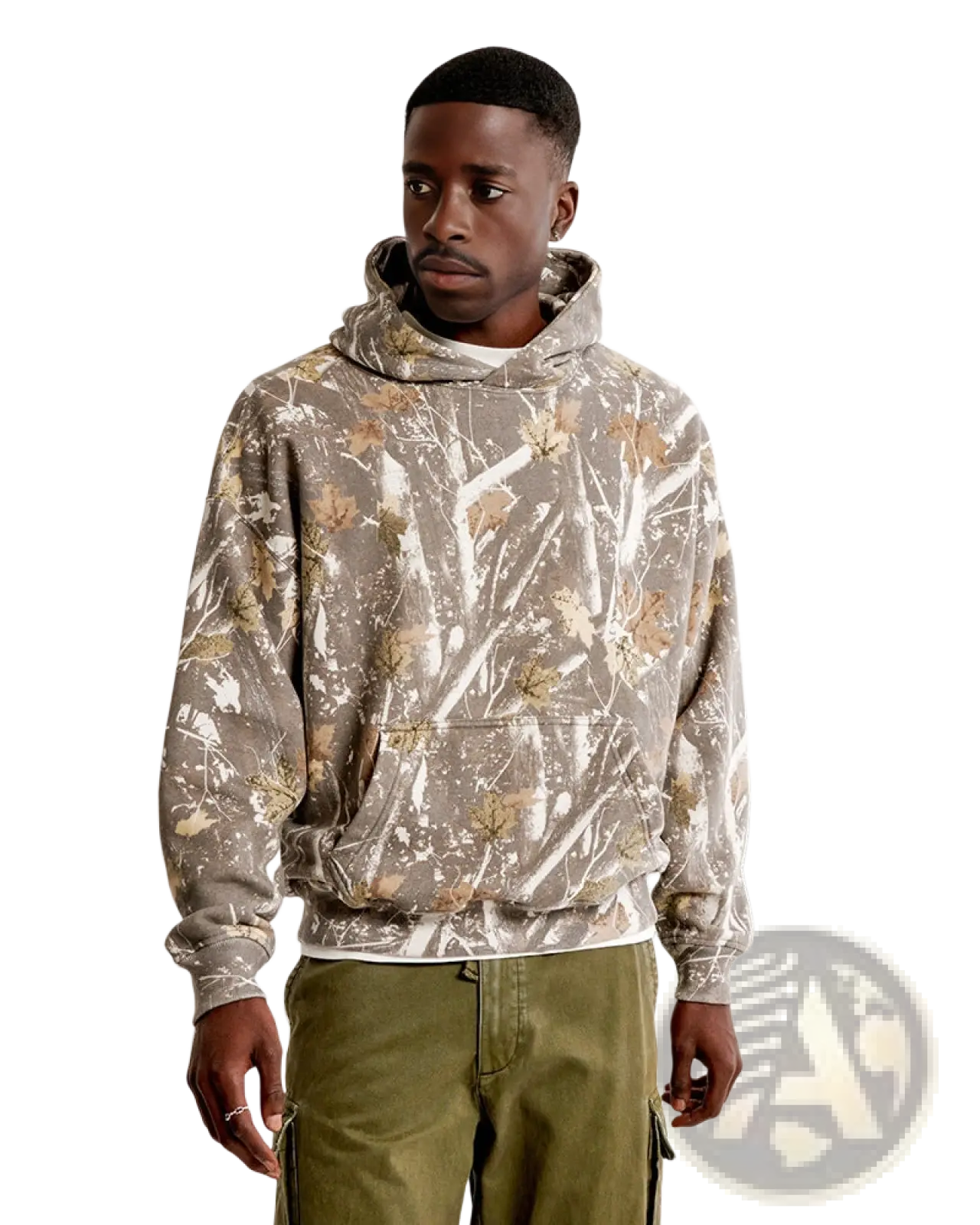 Retro 3d tie dye oversized unisex pullover hoodie in beige and brown leaf pattern with soft textured fabric
