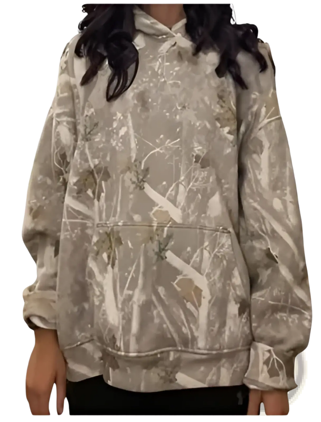 Beige camouflage patterned retro 3d tie dye oversized unisex pullover hoodie with soft textured fabric and subtle leafy design