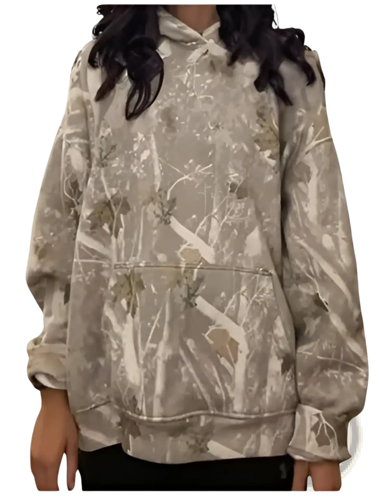 Beige camouflage patterned retro 3d tie dye oversized unisex pullover hoodie with soft textured fabric and subtle leafy design