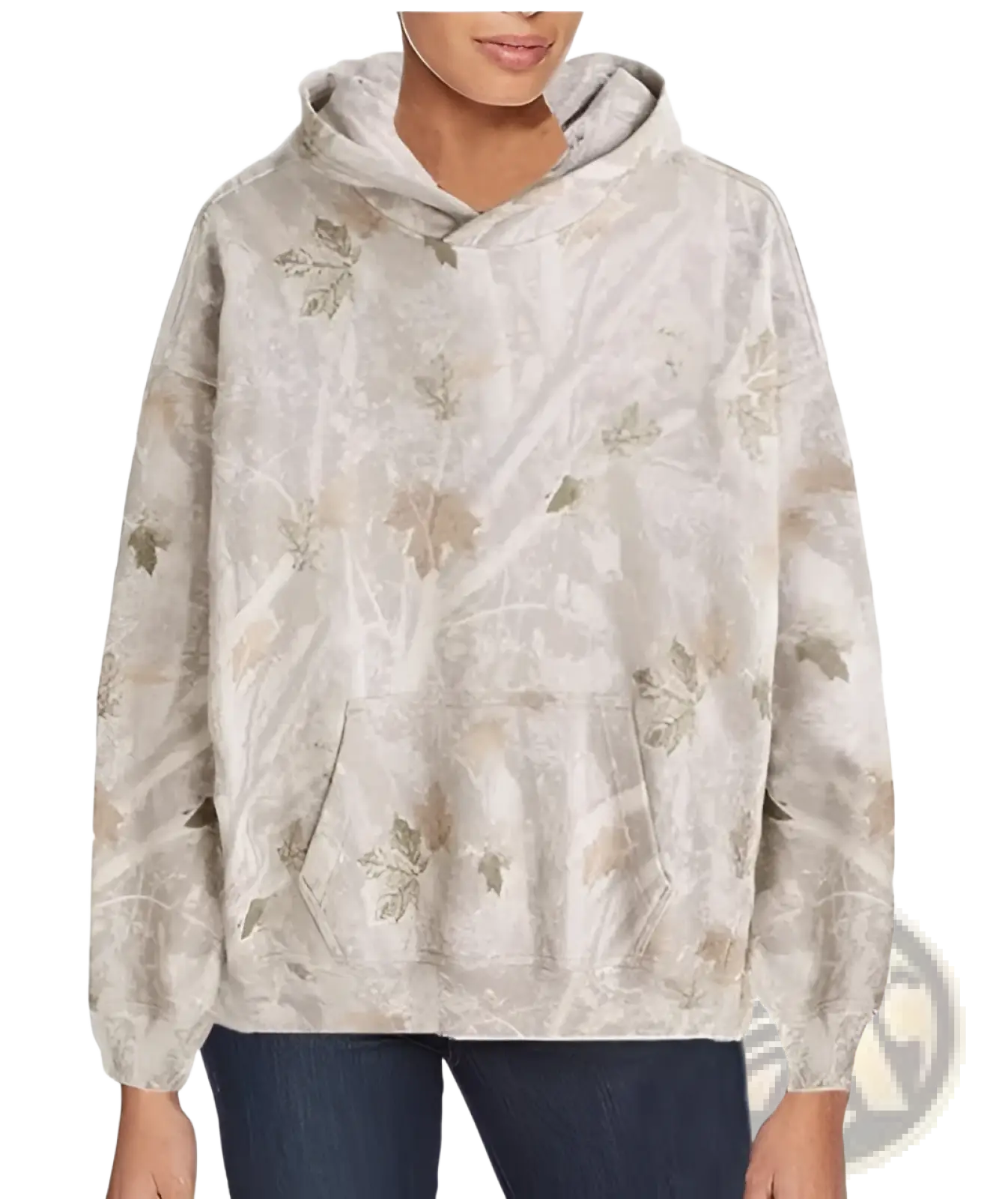 Retro 3d tie dye oversized unisex pullover hoodie in soft off-white with subtle beige leaf and branch pattern