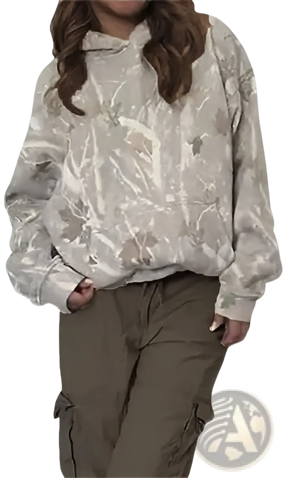 A retro 3d tie dye oversized unisex pullover hoodie in loose-fitting muted beige and gray camouflage with hood and front pocket